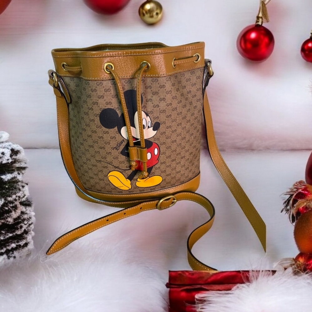 GUCCI GG Disney X Mickey Mouse Bucket Leather Tan Brown Italy Bag Mini Logo